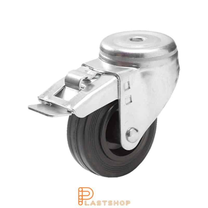 Rueda de enlace con freno, agujero central, diámetro de la rueda 100 mm, altura de construcción 132 mm, buje en PP con banda suave en goma de color negro. 70 kg de carga, rodamientos rodantes