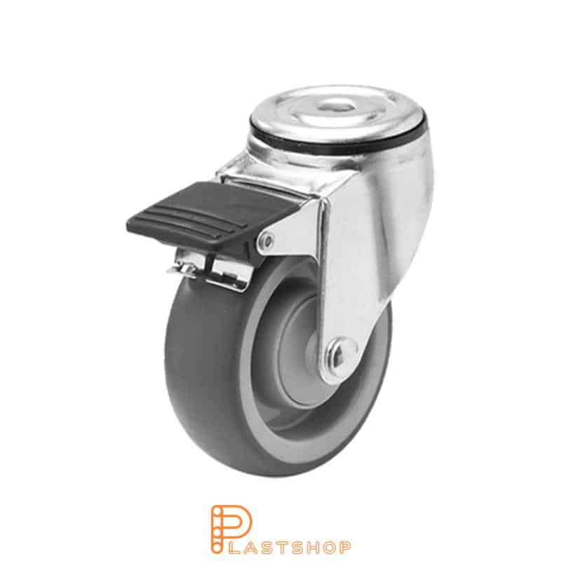 Länkhjul med broms, centrumhål, hjuldiameter 100 mm, bygghöjd 132 mm, nav i PP med mjuk bana i TPE i grå färg. 100 kg bärighet, kullager