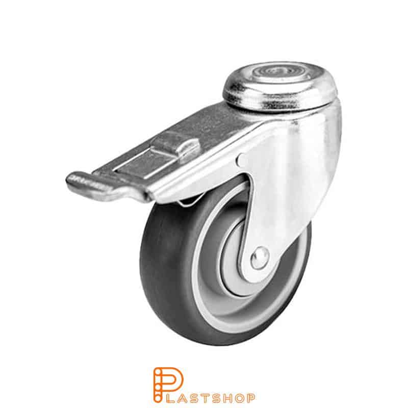 Länkhjul med broms, centrumhål, hjuldiameter 100 mm, bygghöjd 133 mm, nav i PP med mjuk bana i TPE i grå färg. 100 kg bärighet, kullager