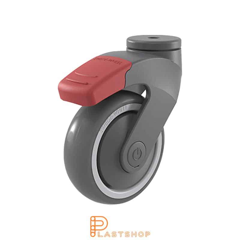 Link wheel with brake, center hole, wheel diameter 100 mm, construction height 140 mm, hub in PP with soft band in TPE in gray color. 100 kg load capacity, ball bearing