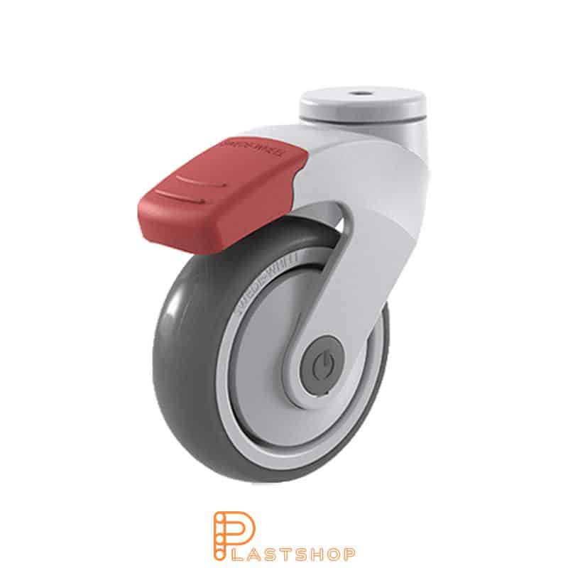 Link wheel with brake, center hole, wheel diameter 100 mm, construction height 140 mm, hub in PP with soft band in TPE in grå. 100 kg load capacity, ball bearing