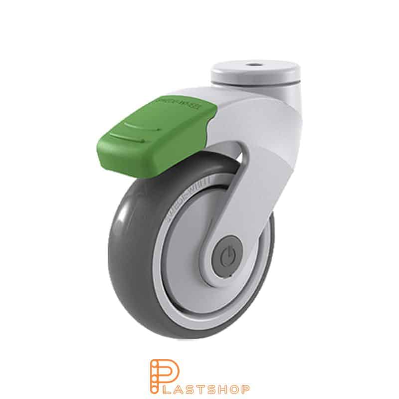 Link wheel with brake, center hole, wheel diameter 100 mm, construction height 140 mm, hub in PP with soft band in TPE in grå. 100 kg load capacity, ball bearing