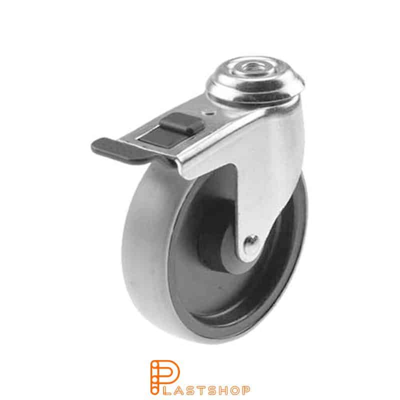 Link wheel with brake, center hole, wheel diameter 125 mm, construction height 150 mm, hub in PA6 with soft band in PUR in grå. 70 kg load capacity, slide bearing