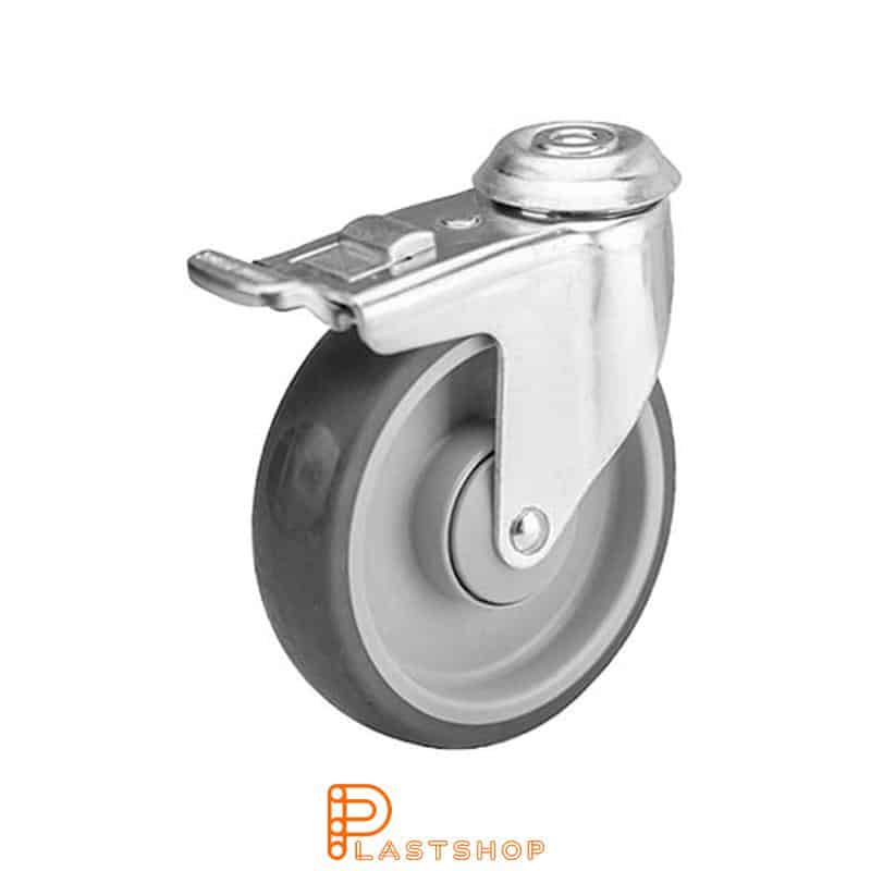 Link wheel with brake, center hole, wheel diameter 125 mm, construction height 150 mm, hub in PP with soft band in TPE in gray color. 70 kg load capacity, ball bearing