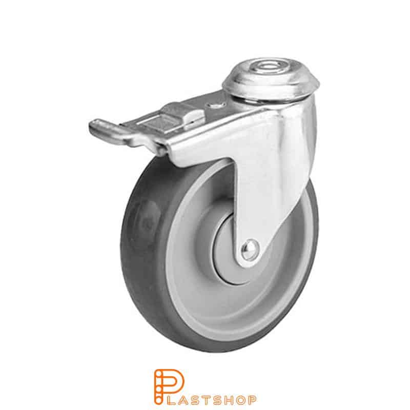 Link wheel with brake, center hole, wheel diameter 125 mm, construction height 150 mm, hub in PP with soft band in TPE in gray color. 70 kg load capacity, ball bearing