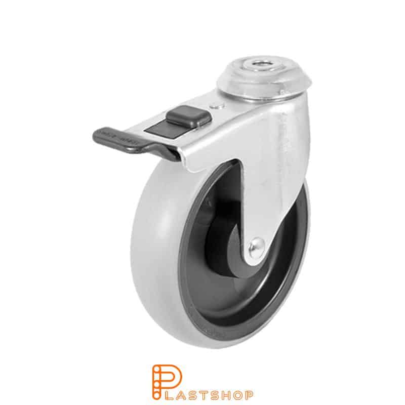 Link wheel with brake, center hole, wheel diameter 125 mm, construction height 150 mm, hub in PP with soft band in TPE in grå. 80 kg load capacity, slide bearing