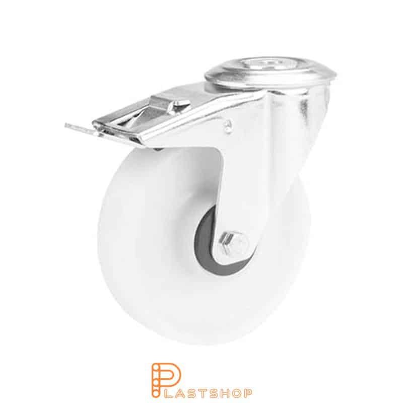 Link wheel with brake, center hole, wheel diameter 125 mm, construction height 155 mm, hard wheel in solid PP, 160 kg load capacity, ball bearing