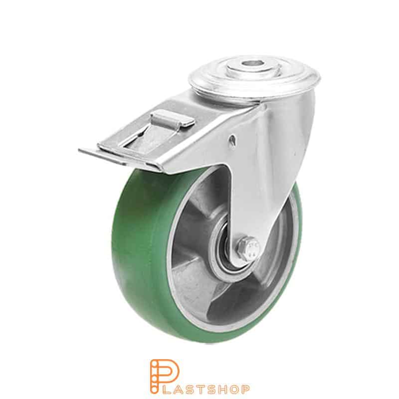 Rueda de enlace con freno, agujero central, diámetro de la rueda 125 mm, altura de construcción 155 mm, buje en aluminio con banda suave en ElastoPUR de color verde. 180 kg de carga, rodamientos de bolas dobles