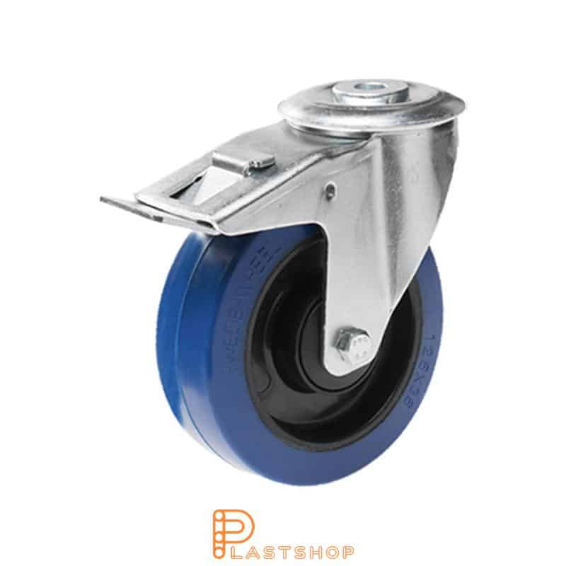 Link wheel with brake, center hole, wheel diameter 125 mm, construction height 155 mm, hub in PA6 with soft band in ElastoGum in blå. 180 kg load capacity, ball bearing