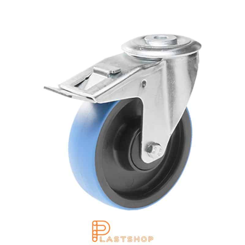 Länkipyörä jarrulla, keskireikä, pyörän halkaisija 125 mm, rakennuskorkeus 155 mm, navassa PA6, pehmeä ura PUR:sta sinisessä värissä. 180 kg kantavuus, palloliukusuoja