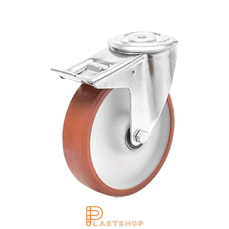 Länkhjul med broms, centrumhål, hjuldiameter 125 mm, bygghöjd 155 mm, nav i PA6 med mjuk bana i PUR i röd färg. 180 kg bärighet, dubbla kullager