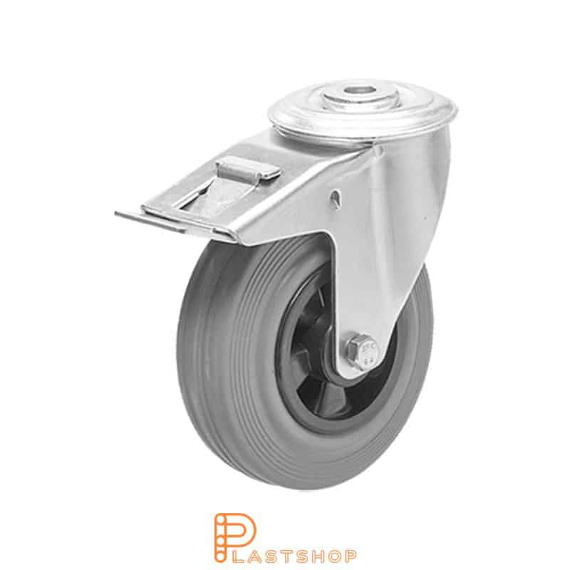Rueda de enlace con freno, agujero central, diámetro de la rueda 125 mm, altura de construcción 155 mm, buje en PP con banda suave en goma de color gris. 100 kg de carga, rodamientos rodantes