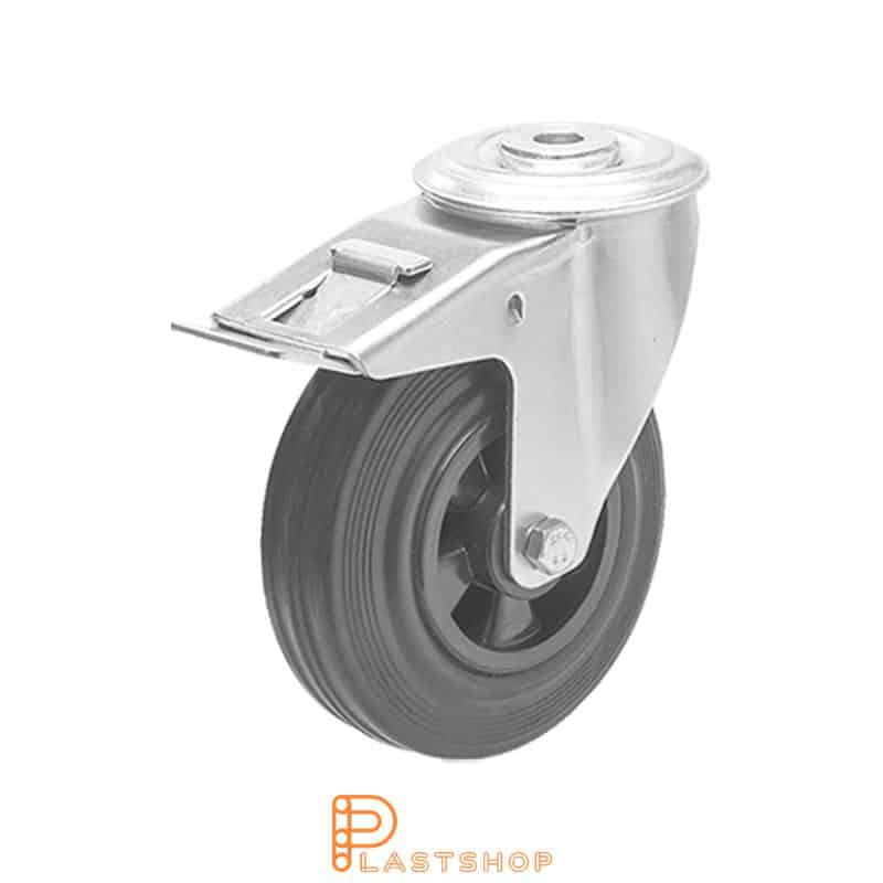 Link wheel with brake, center hole, wheel diameter 125 mm, construction height 155 mm, hub in PP with soft band in rubber in svart. 100 kg load capacity, roller bearing
