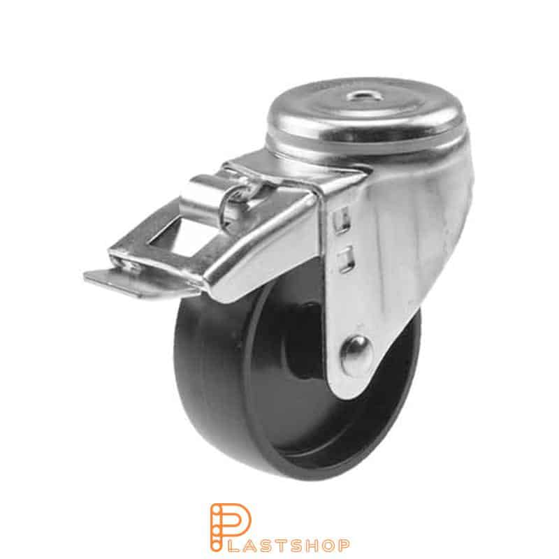 Link wheel with brake, center hole, wheel diameter 125 mm, construction height 157 mm, hard wheel in solid PP, 160 kg load capacity, slide bearing