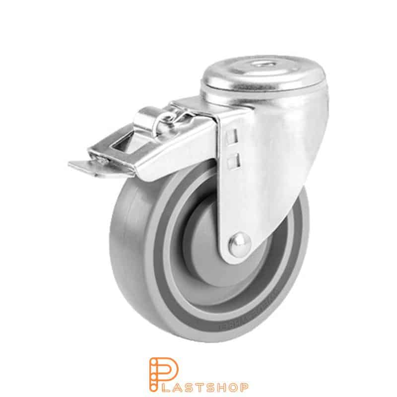 Link wheel with brake, center hole, wheel diameter 125 mm, construction height 157 mm, hard wheel in solid PP, 160 kg load capacity, ball bearing