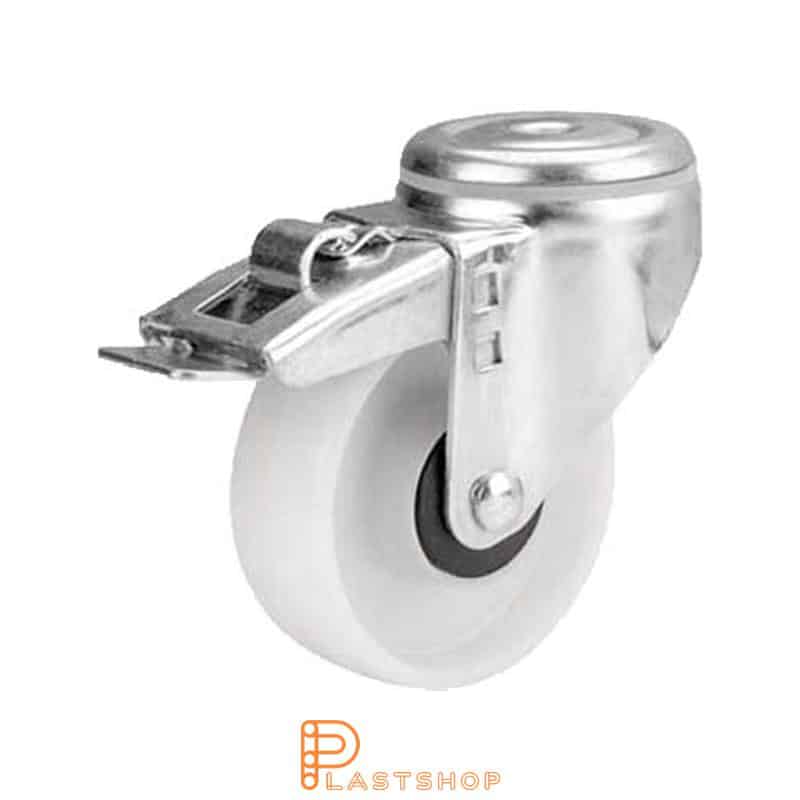 Link wheel with brake, center hole, wheel diameter 125 mm, construction height 157 mm, hard wheel in solid PP, 160 kg load capacity, ball bearing