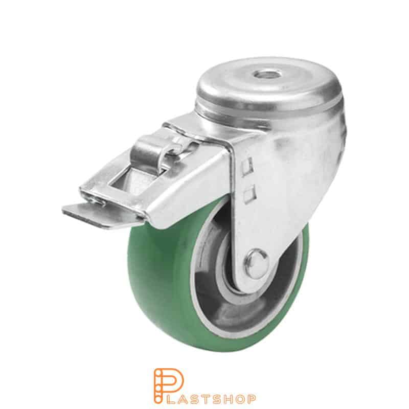 Løpehjul med bremse, midthull, hjuldiameter 125 mm, byggehøyde 157 mm, nav i aluminium med myk bane i ElastoPUR i grønn farge. 200 kg bæreevne, doble kulelager