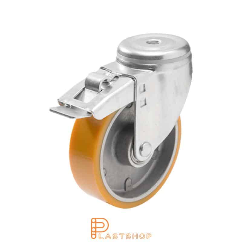 Link wheel with brake, center hole, wheel diameter 125 mm, construction height 157 mm, hub in aluminum with soft band in PUR in orange. 200 kg load capacity, double ball bearing