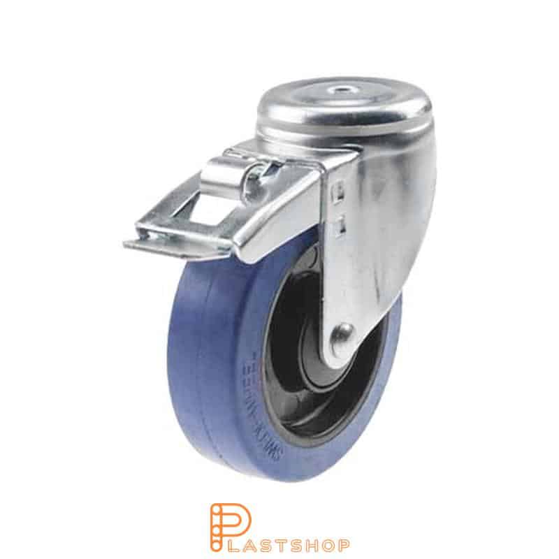 Link wheel with brake, center hole, wheel diameter 125 mm, construction height 157 mm, hub in PA6 with soft band in ElastoGum in blå. 225 kg load capacity, ball bearing