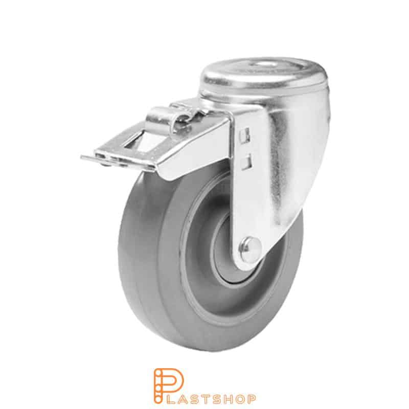 Link wheel with brake, center hole, wheel diameter 125 mm, construction height 157 mm, hub in PA6 with soft band in ElastoGum in grå. 225 kg load capacity, ball bearing