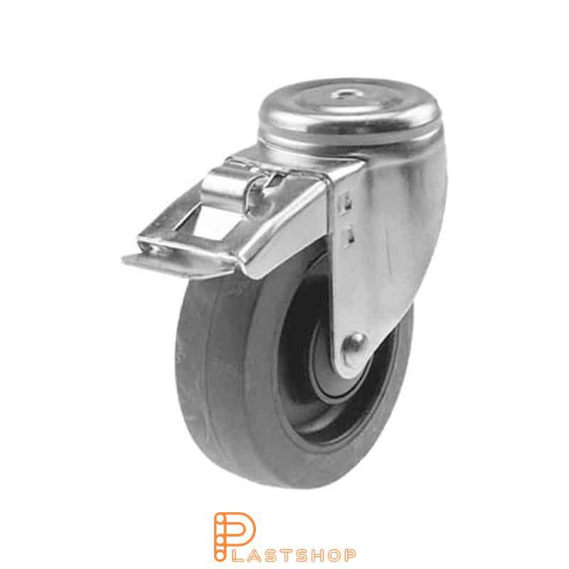 Link wheel with brake, center hole, wheel diameter 125 mm, construction height 157 mm, hub in PA6 with soft band in ElastoGum in grå. 225 kg load capacity, ball bearing