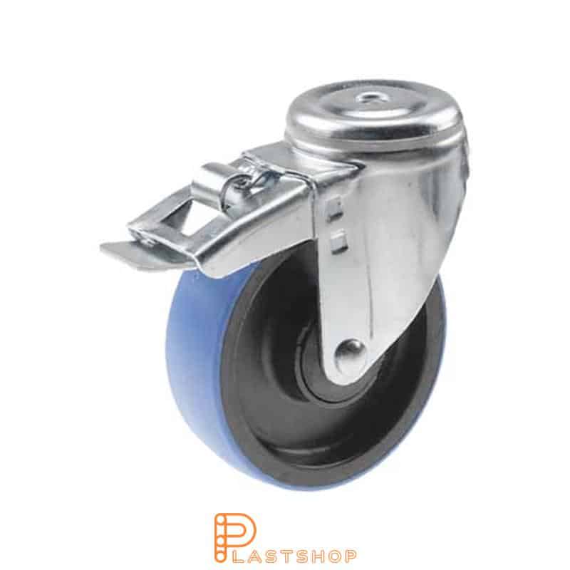 Länkhjul med broms, centrumhål, hjuldiameter 125 mm, bygghöjd 157 mm, nav i PA6 med mjuk bana i PUR i blå färg. 200 kg bärighet, kullager