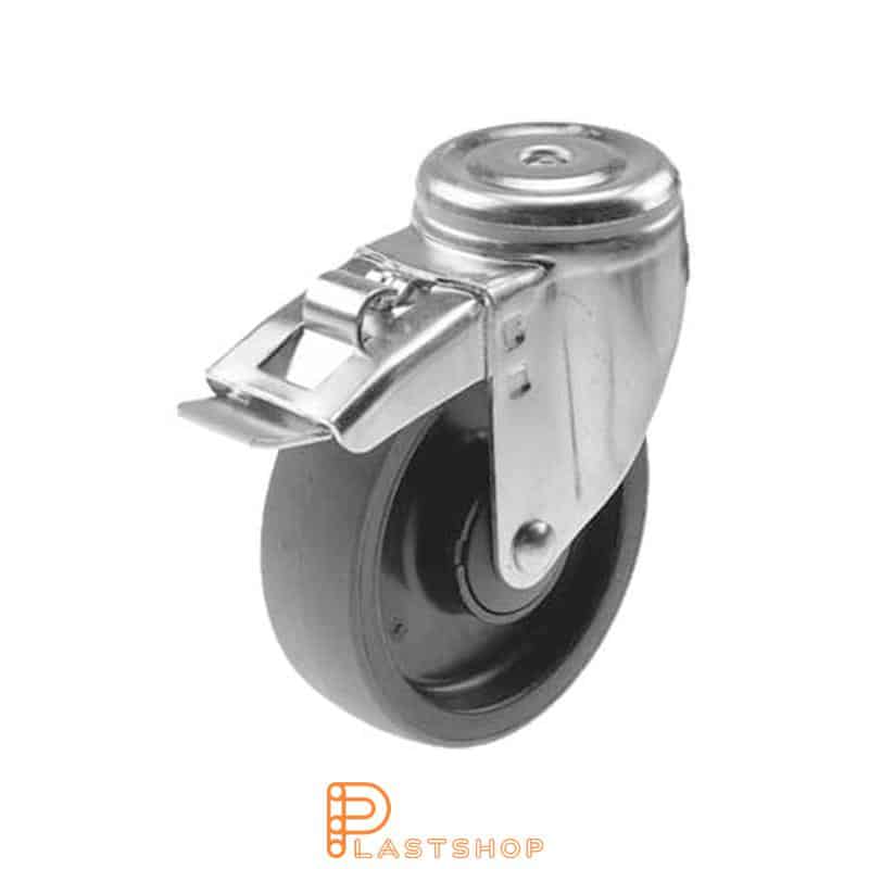 Rueda de enlace con freno, agujero central, diámetro de la rueda 125 mm, altura de construcción 157 mm, buje en PA6 con banda suave en PUR de color gris. 200 kg de carga, rodamientos de bolas