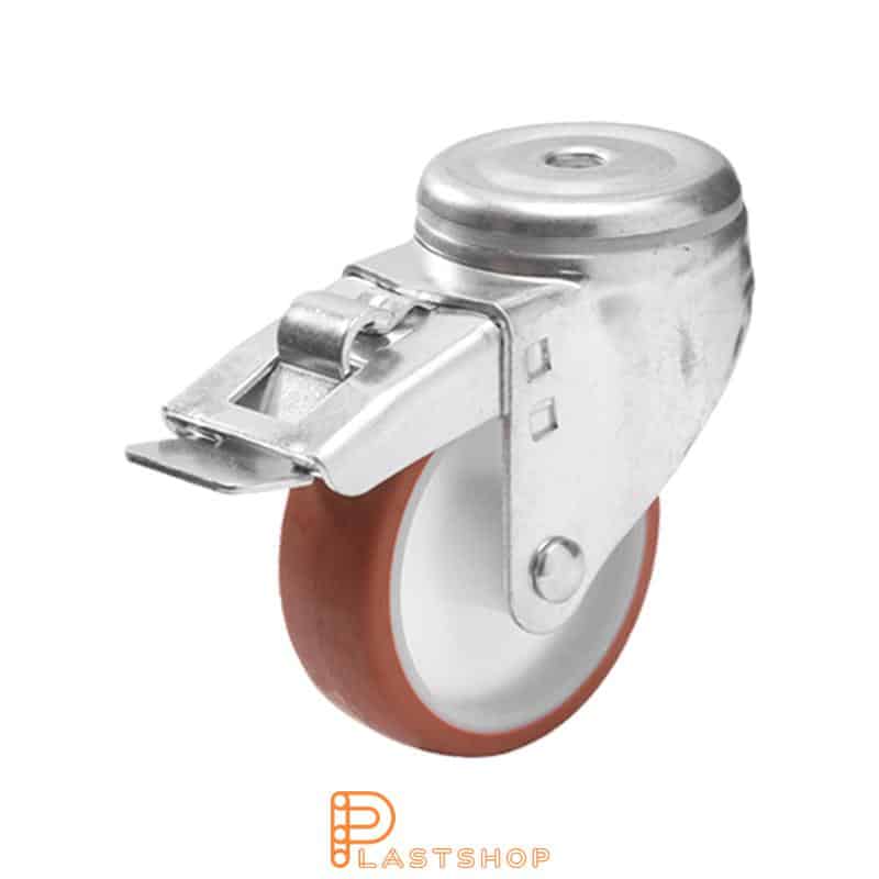 Rueda de enlace con freno, agujero central, diámetro de la rueda 125 mm, altura de construcción 157 mm, buje en PA6 con banda suave en PUR de color rojo. 200 kg de carga, rodamientos deslizantes