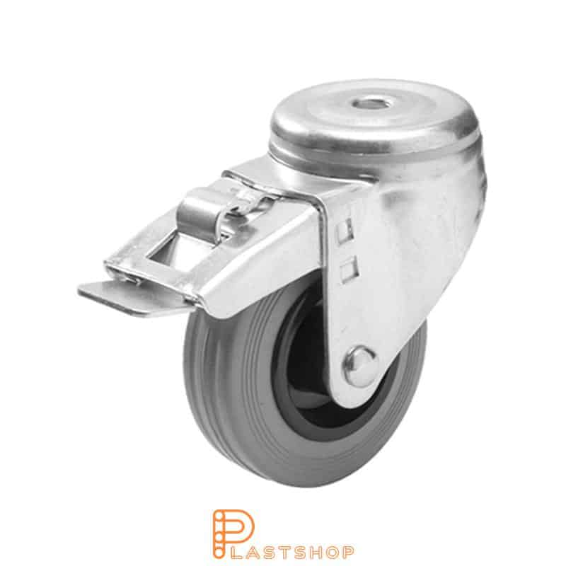 Link wheel with brake, center hole, wheel diameter 125 mm, construction height 157 mm, hub in PP with soft band in rubber in gray color. 100 kg load capacity, slide bearing