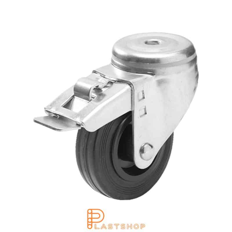 Rueda de enlace con freno, agujero central, diámetro de la rueda 125 mm, altura de construcción 157 mm, buje en PP con banda suave en goma de color negro. 100 kg de carga, rodamientos rodantes
