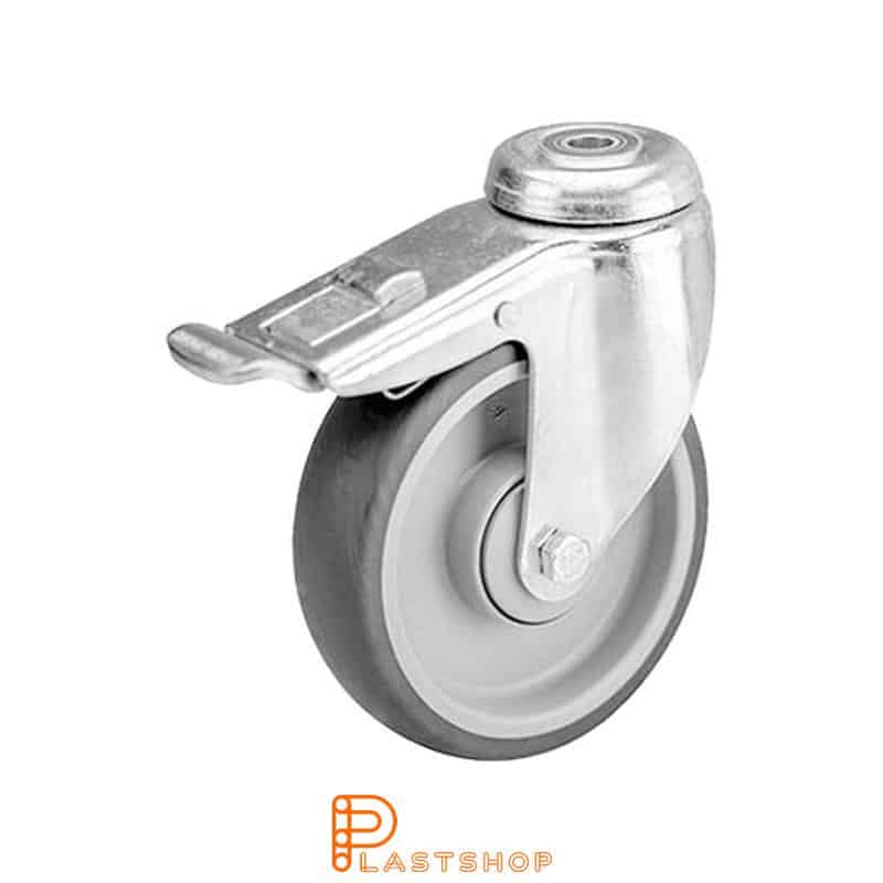 Link wheel with brake, center hole, wheel diameter 125 mm, construction height 159 mm, hub in PP with soft band in TPE in grå. 100 kg load capacity, ball bearing