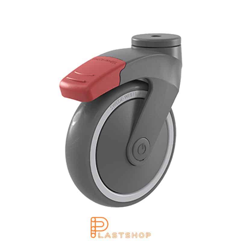 Länkhjul med broms, centrumhål, hjuldiameter 125 mm, bygghöjd 160 mm, nav i PP med mjuk bana i TPE i grå färg. 100 kg bärighet, kullager