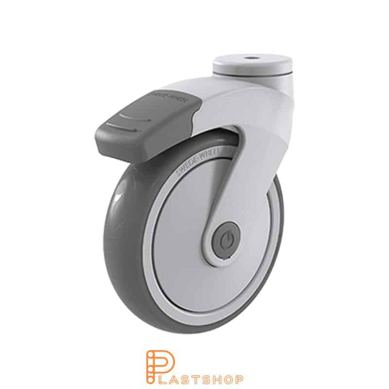 Link wheel with brake, center hole, wheel diameter 125 mm, construction height 160 mm, hub in PP with soft band in TPE in grå. 100 kg load capacity, ball bearing