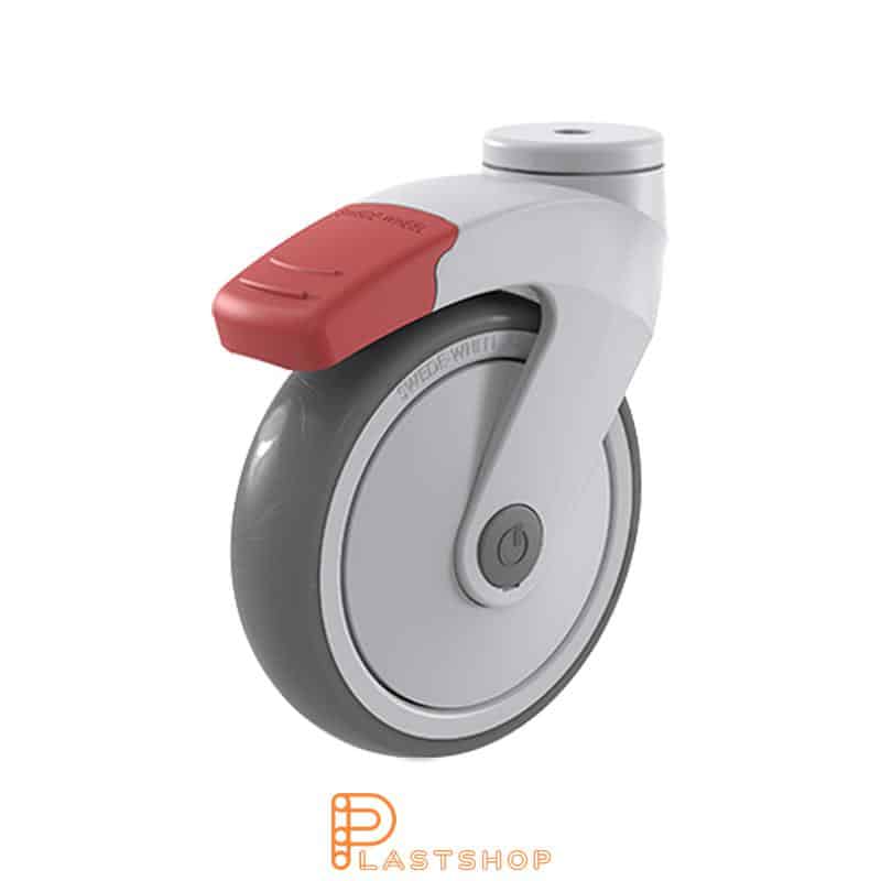 Rueda de enlace con freno, agujero central, diámetro de la rueda 125 mm, altura de construcción 160 mm, buje en PP con banda suave en TPE de color gris. 100 kg de carga, rodamientos de bolas