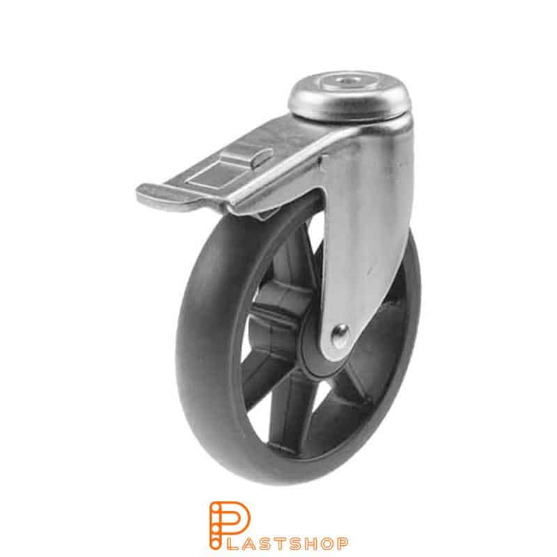 Link wheel with brake, center hole, wheel diameter 150 mm, construction height 185 mm, hub in PP with soft band in TPE in grå. 50 kg load capacity, ball bearing