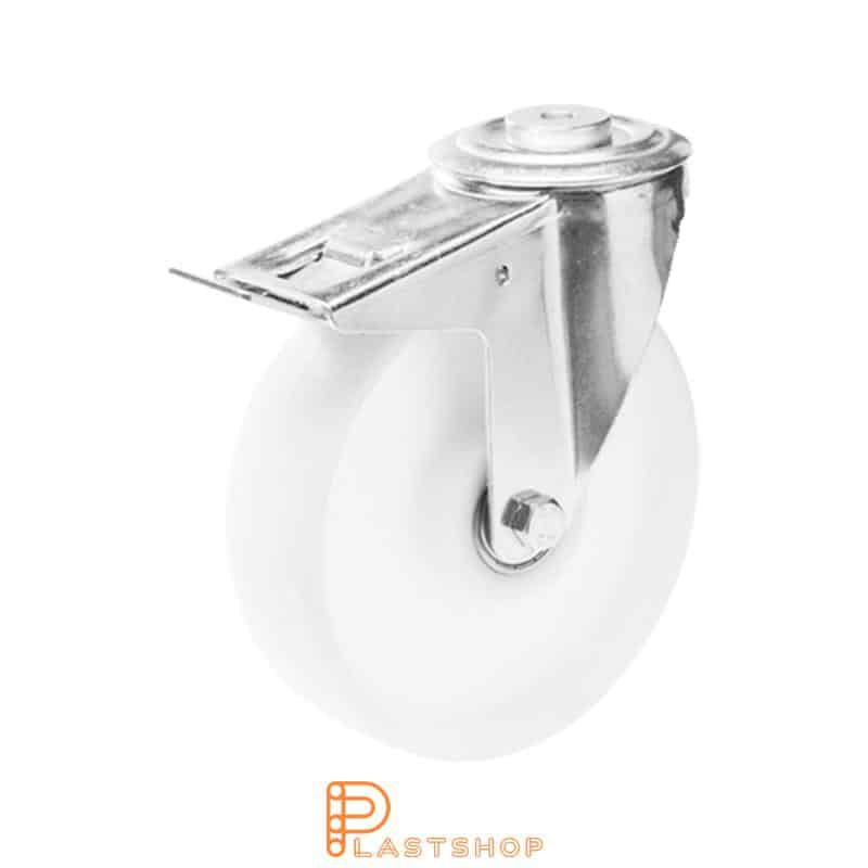 Link wheel with brake, center hole, wheel diameter 160 mm, construction height 195 mm, hard wheel in solid PA6, 300 kg load capacity, double ball bearing