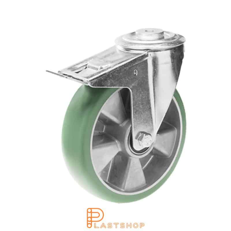 Link wheel with brake, center hole, wheel diameter 160 mm, construction height 195 mm, hub in aluminum with soft band in ElastoPUR in grön. 300 kg load capacity, double ball bearing