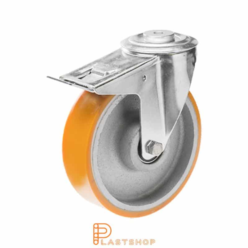 Link wheel with brake, center hole, wheel diameter 160 mm, construction height 195 mm, hub in cast iron with soft band in PUR in yellow color. 300 kg load capacity, double ball bearing