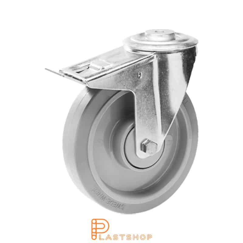 Link wheel with brake, center hole, wheel diameter 160 mm, construction height 195 mm, hub in PA6 with soft band in ElastoGum in grå. 300 kg load capacity, double ball bearing