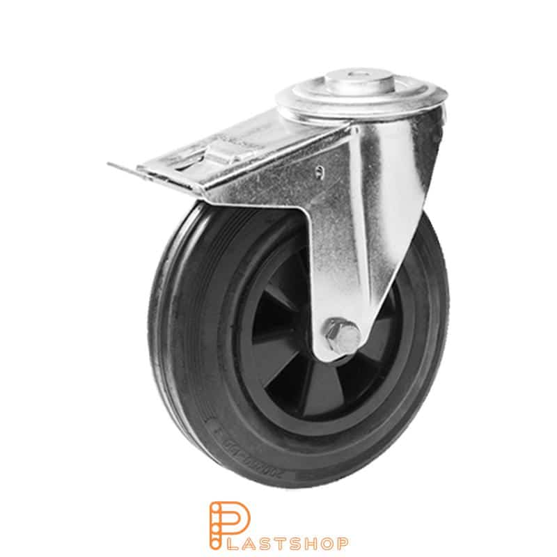 Link wheel with brake, center hole, wheel diameter 160 mm, construction height 195 mm, hub in PP with soft band in rubber in svart. 135 kg load capacity, roller bearing