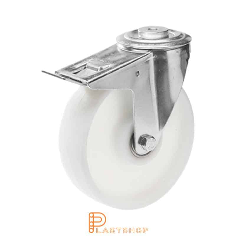 Link wheel with brake, center hole, wheel diameter 200 mm, construction height 235 mm, hard wheel in solid PA6, 300 kg load capacity, double ball bearing