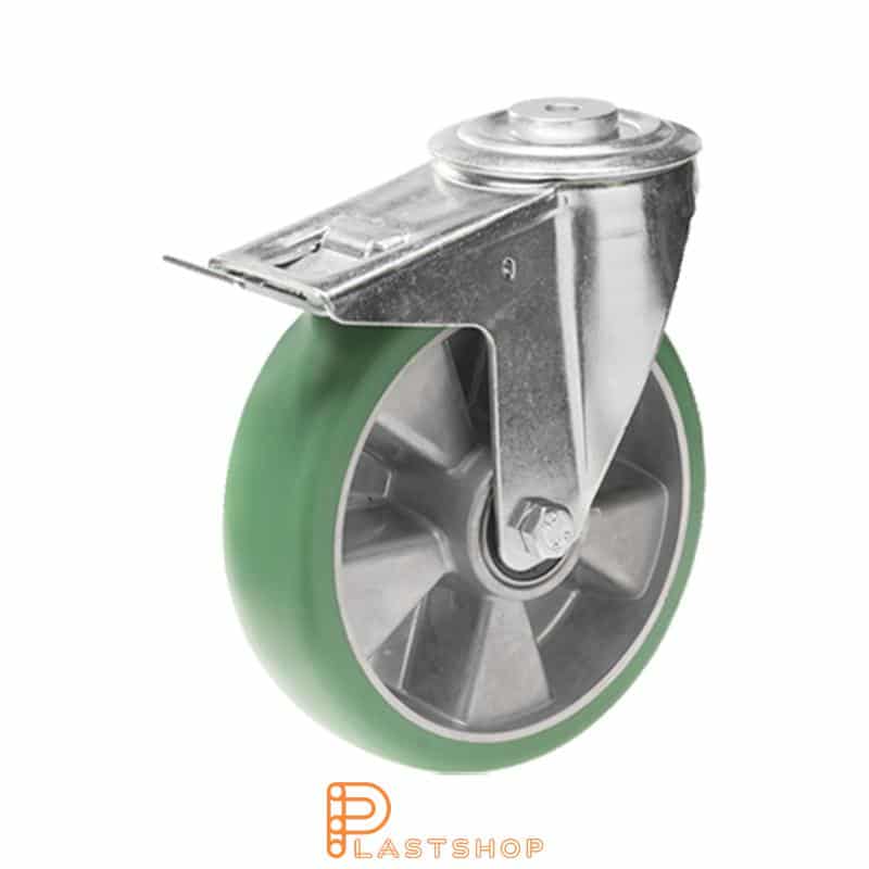 Link wheel with brake, center hole, wheel diameter 200 mm, construction height 235 mm, hub in aluminum with soft band in ElastoPUR in grön. 300 kg load capacity, double ball bearing