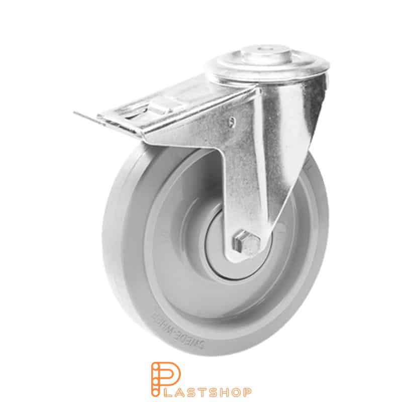 Länkhjul med broms, centrumhål, hjuldiameter 200 mm, bygghöjd 235 mm, nav i PA6 med mjuk bana i ElastoGum i grå färg. 300 kg bärighet, dubbla kullager