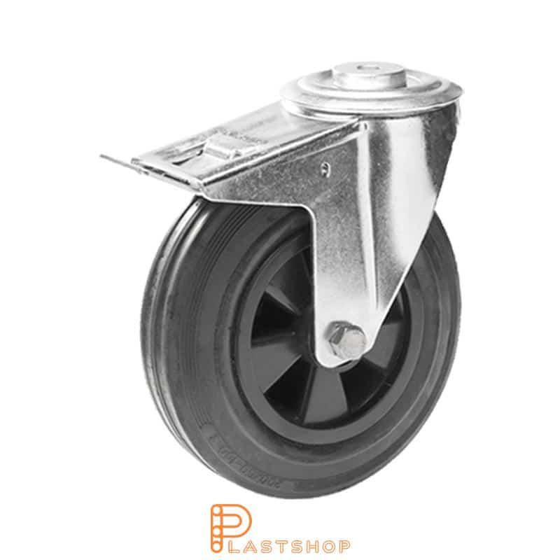 Link wheel with brake, center hole, wheel diameter 200 mm, construction height 235 mm, hub in PP with soft band in rubber in svart. 205 kg load capacity, roller bearing