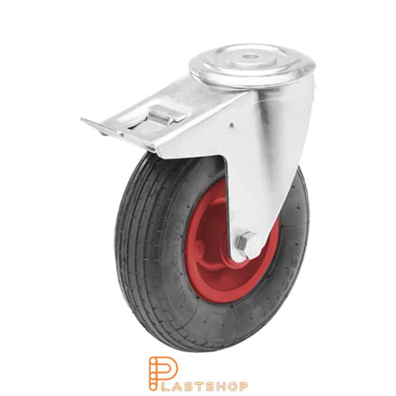 Rueda de enlace con freno, agujero central, diámetro de la rueda 200 mm, altura de construcción 235 mm, buje en PP con banda suave en goma de aire de color rojo. 60 kg de carga, rodamientos rodantes