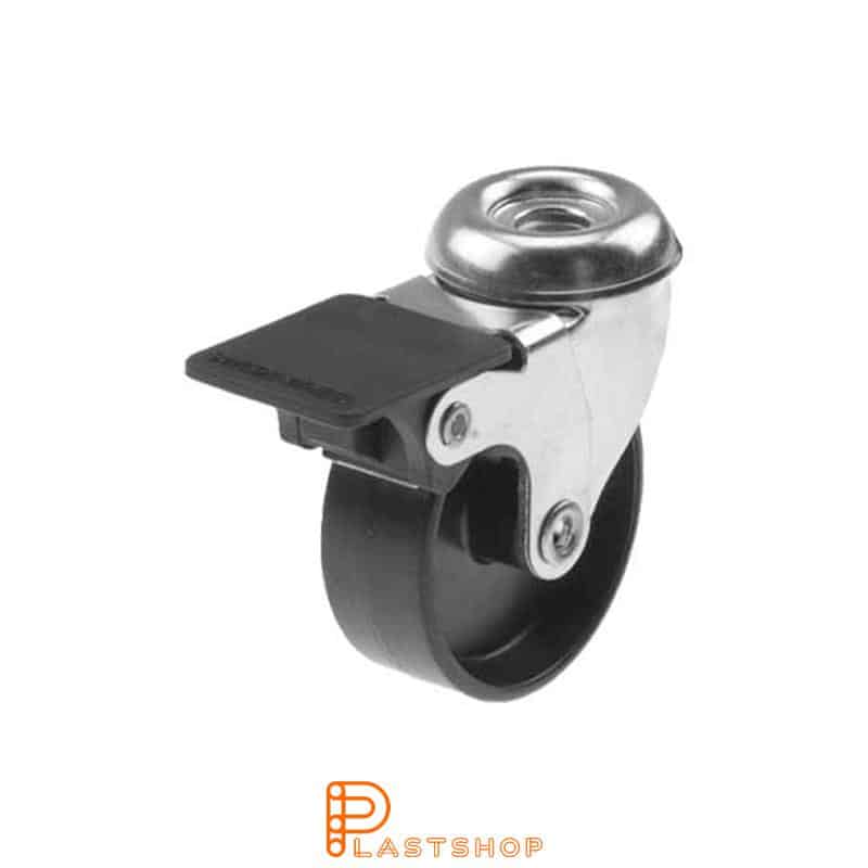 Link wheel with brake, center hole, wheel diameter 50 mm, construction height 64 mm, hard wheel in solid PP, 40 kg load capacity, slide bearing