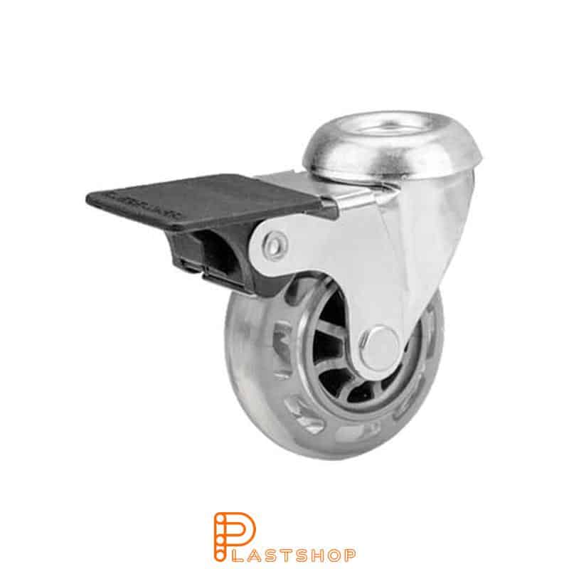 Rueda de enlace con freno, agujero central, diámetro de la rueda 50 mm, altura de construcción 64 mm, buje en PC con banda suave en PUR de color transparente. 40 kg de carga, rodamientos deslizantes