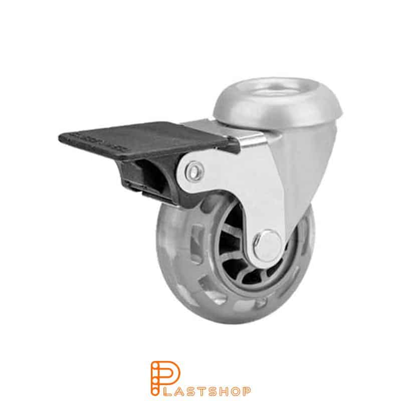 Rueda de enlace con freno, agujero central, diámetro de la rueda 50 mm, altura de construcción 64 mm, buje en PC con banda suave en PUR de color transparente. 40 kg de carga, rodamientos deslizantes