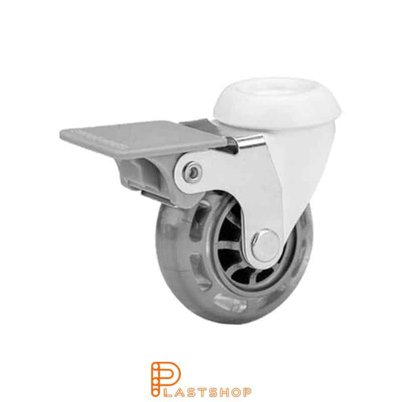 Link wheel with brake, center hole, wheel diameter 50 mm, construction height 64 mm, hub in PC with soft band in PUR in transparent. 40 kg load capacity, slide bearing