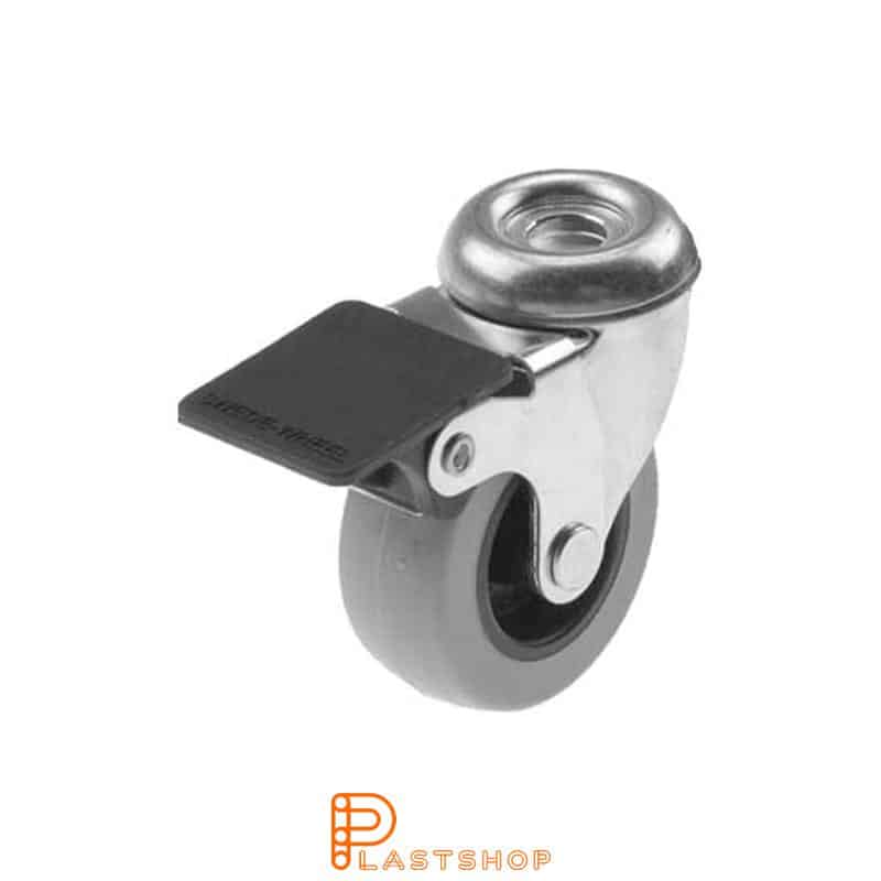 Rueda de enlace con freno, agujero central, diámetro de la rueda 50 mm, altura de construcción 64 mm, buje en PP con banda suave en PUR de color gris. 40 kg de carga, rodamientos deslizantes